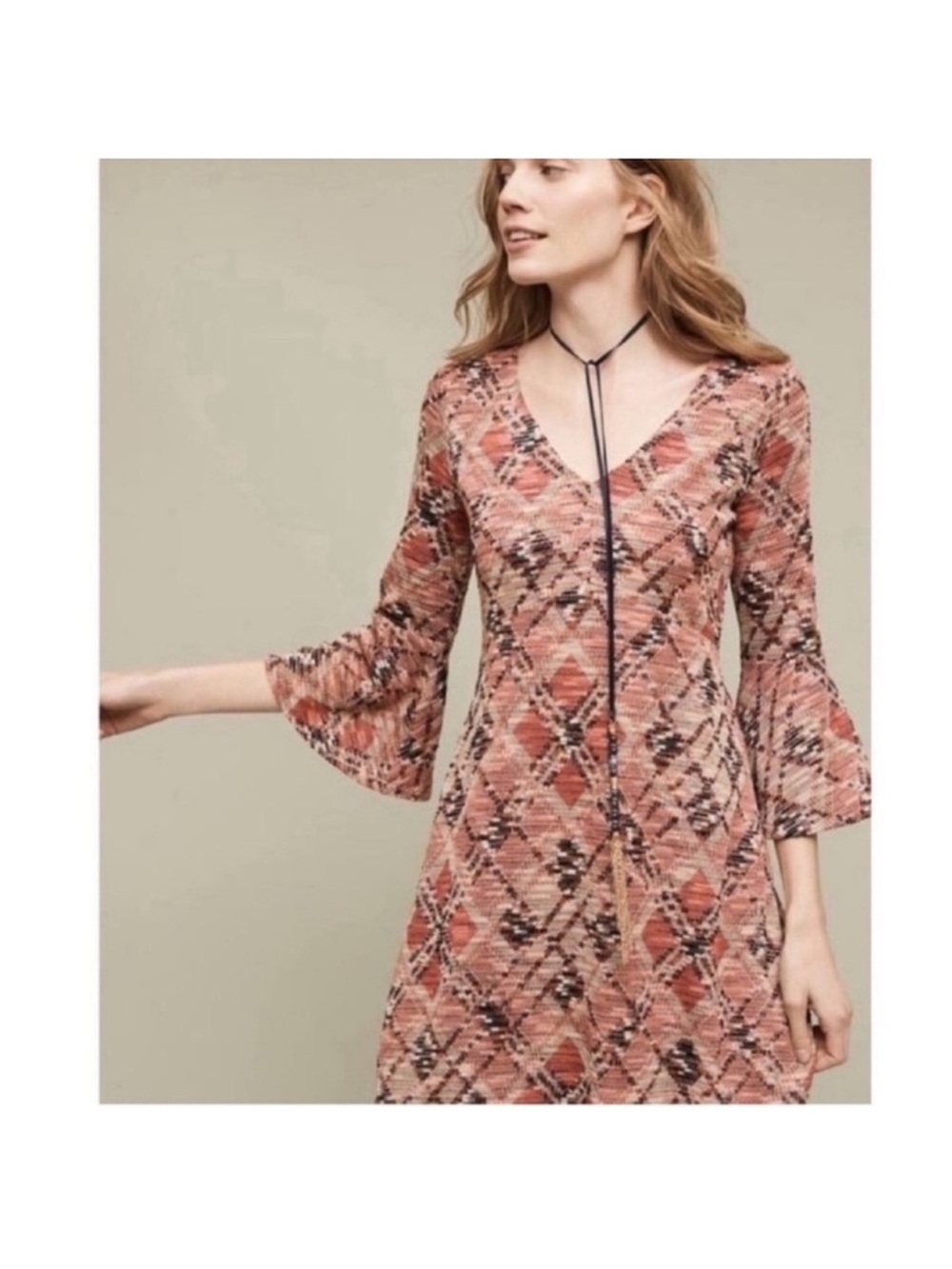 Anthropologie Mauve Erina Knit Boho Swing Dress Sz XS Diamond Print Bell Sleeves